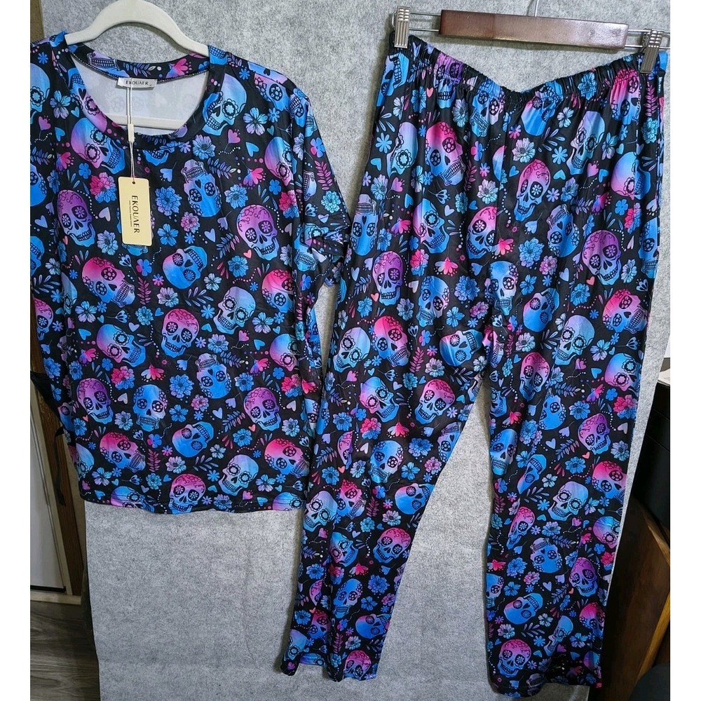 Ekouaer Satin Black Skull Skeleton Pull On Pajamas M Short Sleeve Tie Waist NWT